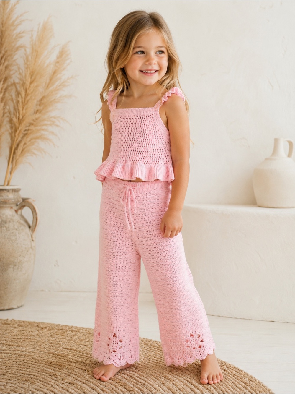 Noni Pink Crochet Knit Two Piece Set 4Y NWT Matching Tank & Pants